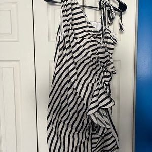 RENEE C. ASSYMETRICAL SLEEVELESS MINI DRESS WITH RUFFLE DETAILS-B&W STRIPE LARGE
